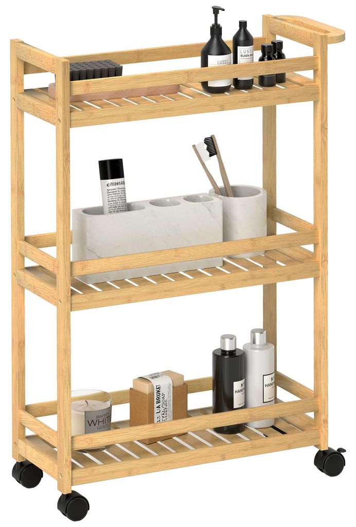 Servierwagen. 3 Etagen. Lamellenb?den. Herausfallschutz. Bambus. 55 x 20 x 75 cm