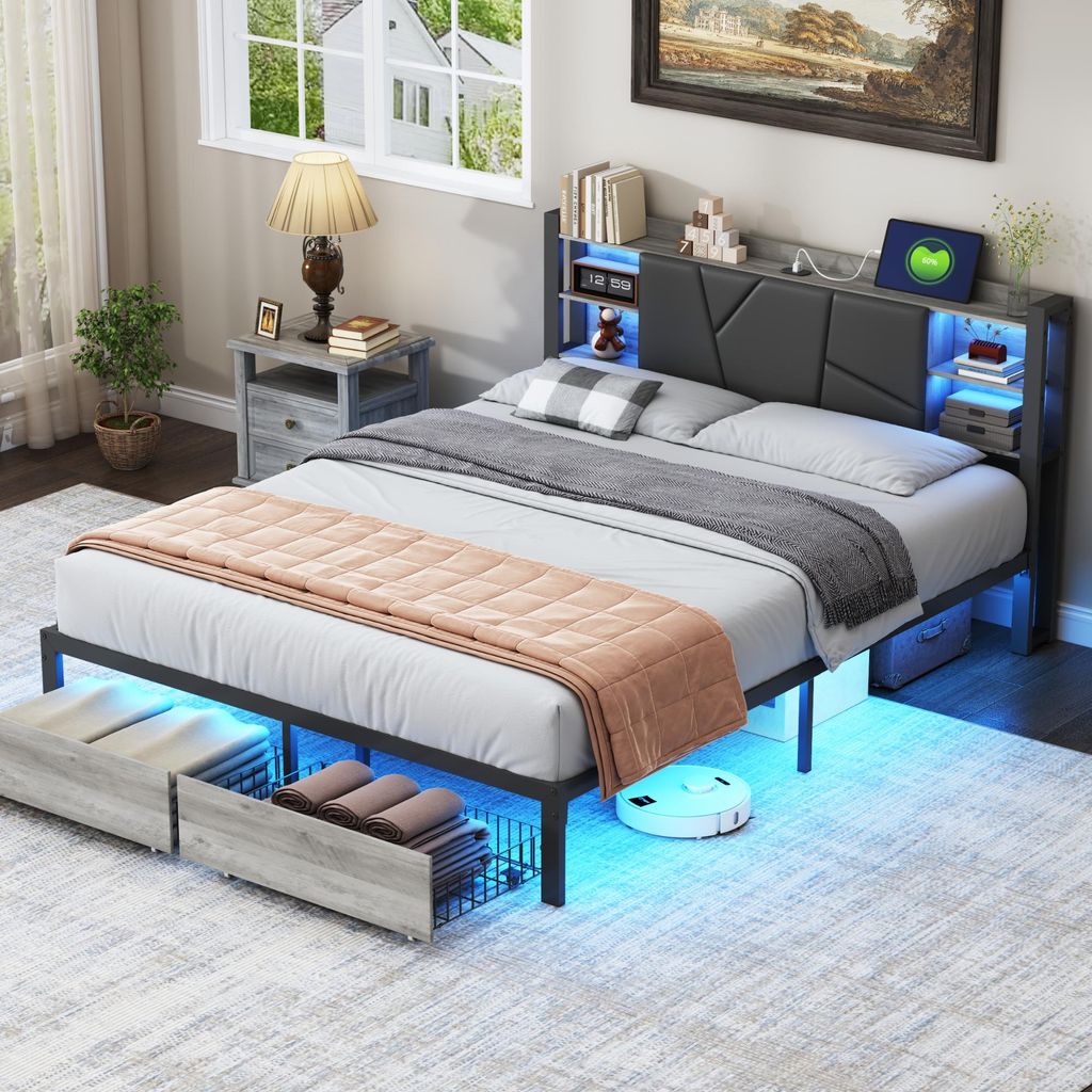 160 x 200 cm großes Bett mit USB-Anschluss und 2 Schubladen, gepolstertem Kopfteil mit PolyurethanBezug, Metall- und Holzrahmen, Doppelbett mit LE...