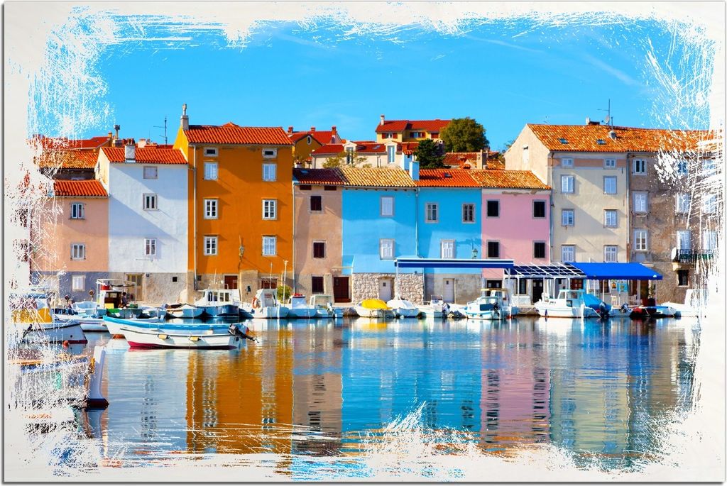 Kunstdrucke Wandbilder Holz in : Brillante Farben, Größe 60 x 90 cm Motiv Bunte Häuser am Hafen