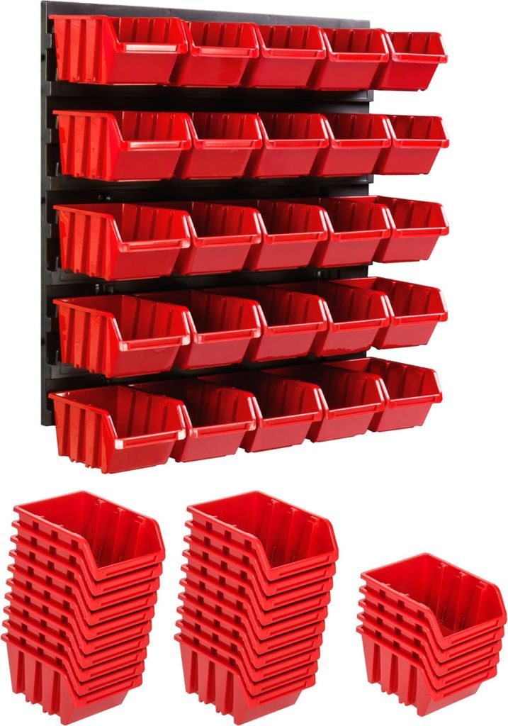A wall-mounted storage system with multiple red bins, and stacks of red bins in the foreground.