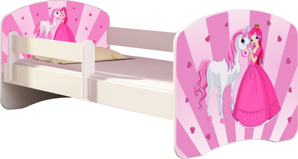 ACMA Jugendbett Kinderbett Junior-Bett Komplett-Set mit Matratze Lattenrost und Rausfallschutz Weiß 08 Princess 140x70