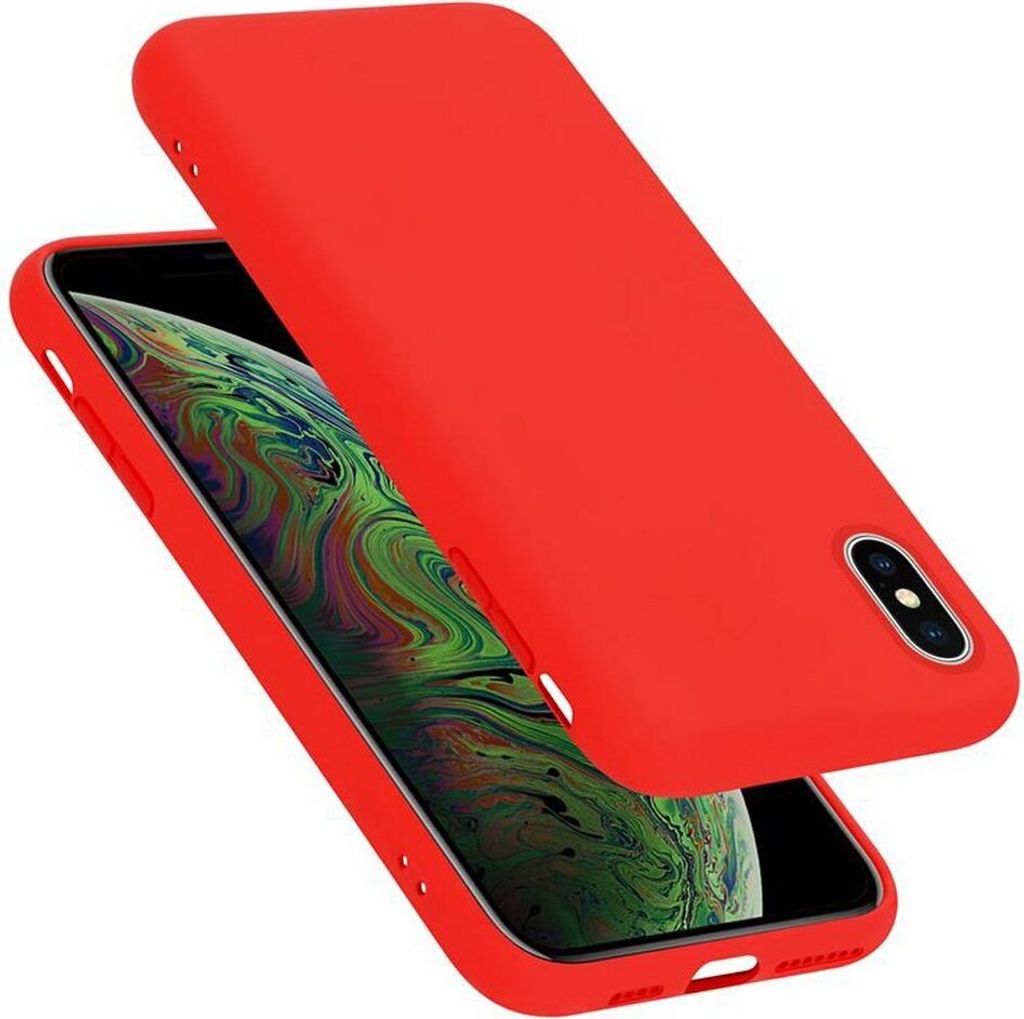 A red iPhone case is shown from a slightly elevated angle, with the phone inside it.
