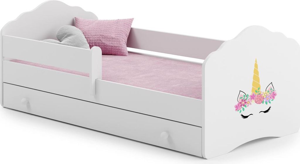 Kinderbett FALA mit Schublade und Schutzbarriere 140x70 cm – Einhornhorn Motiv, Weiß, für Mädchen, inklusive Matratze und Montageanleitung