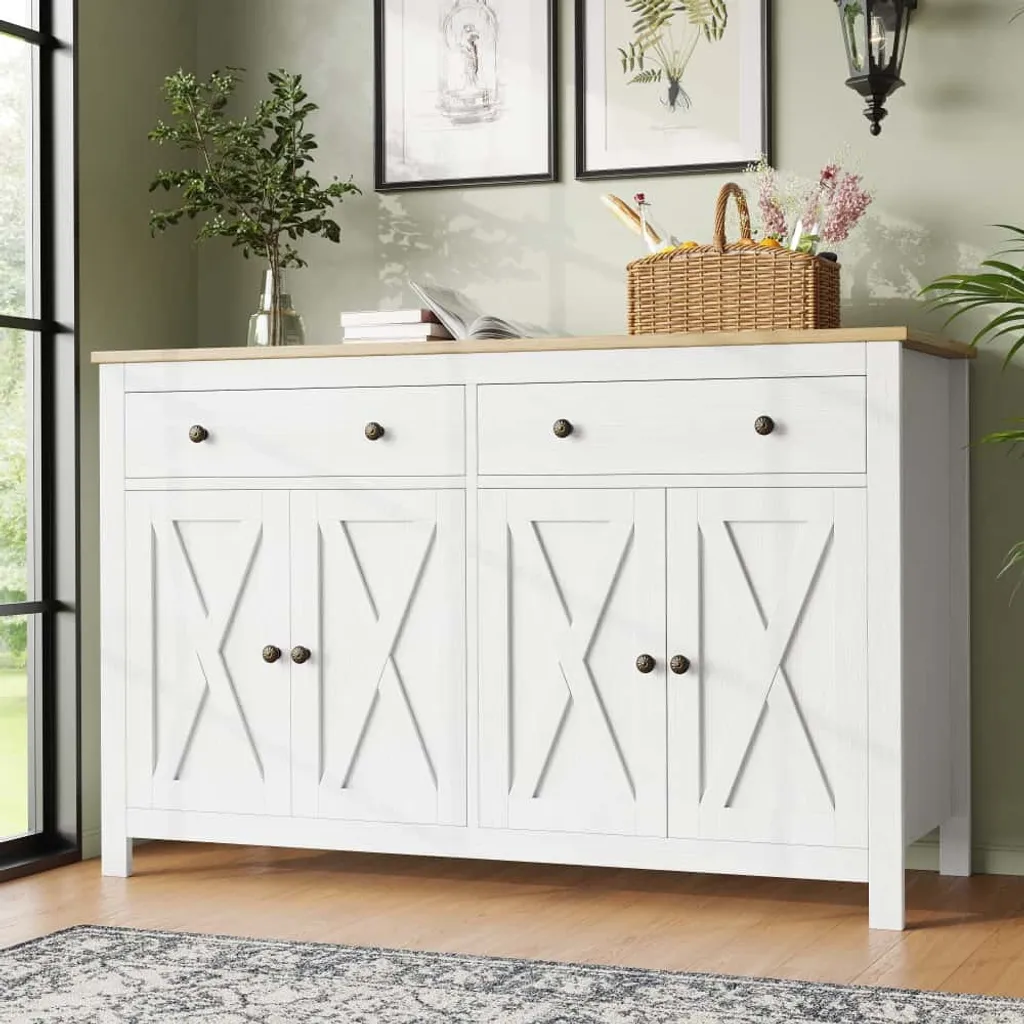 Armoire de Cuisine Basse Blanche avec Tiroirs et Rangement 140 cm