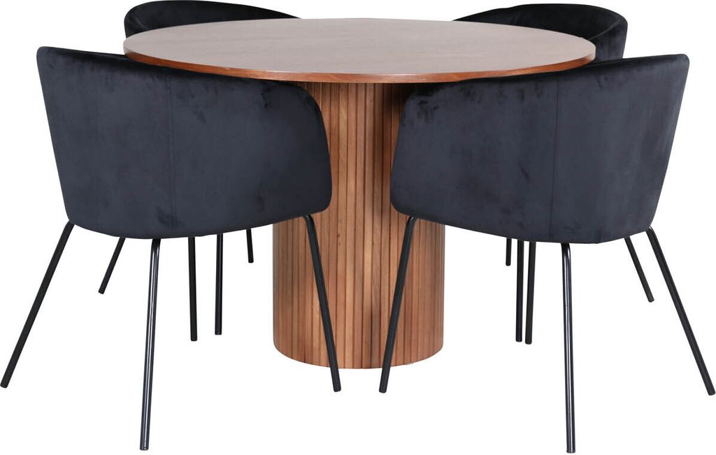 BiancaROWA Essgruppe Esstisch Eiche Furnier und 4 Berit Esszimmerstühle Velour schwarz.