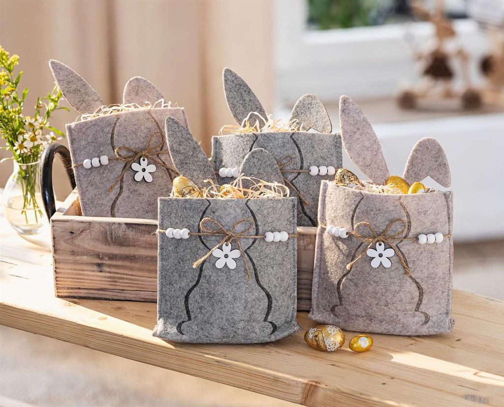 4x Filzbeutel "Osterhase", grau & beige, Filz aus recyceltem PET, Geschenbeutel, Osterdeko, Geschenktasche