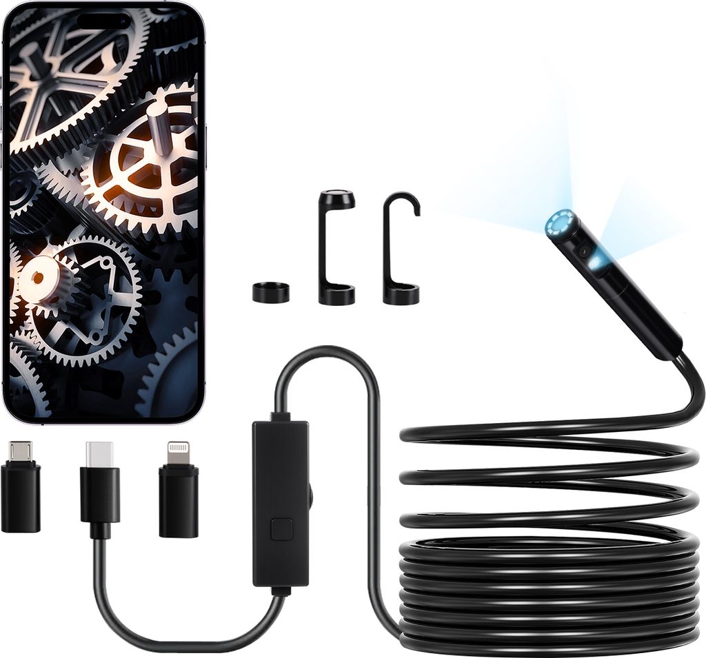 A product shot of an endoscope camera kit, including the camera probe, cables, and adapters, against a white background.