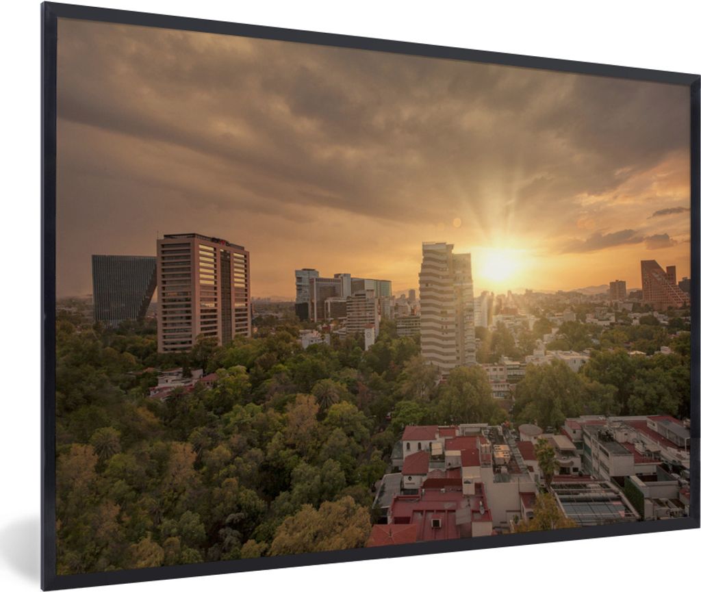 MuchoWow MuchoWow Gerahmtes Poster Sonnenstrahlen leuchten über Mexiko-Stadt 60x40 cm - Poster mit zchwarzem Bilderrahmen - Printing - Wanddek...