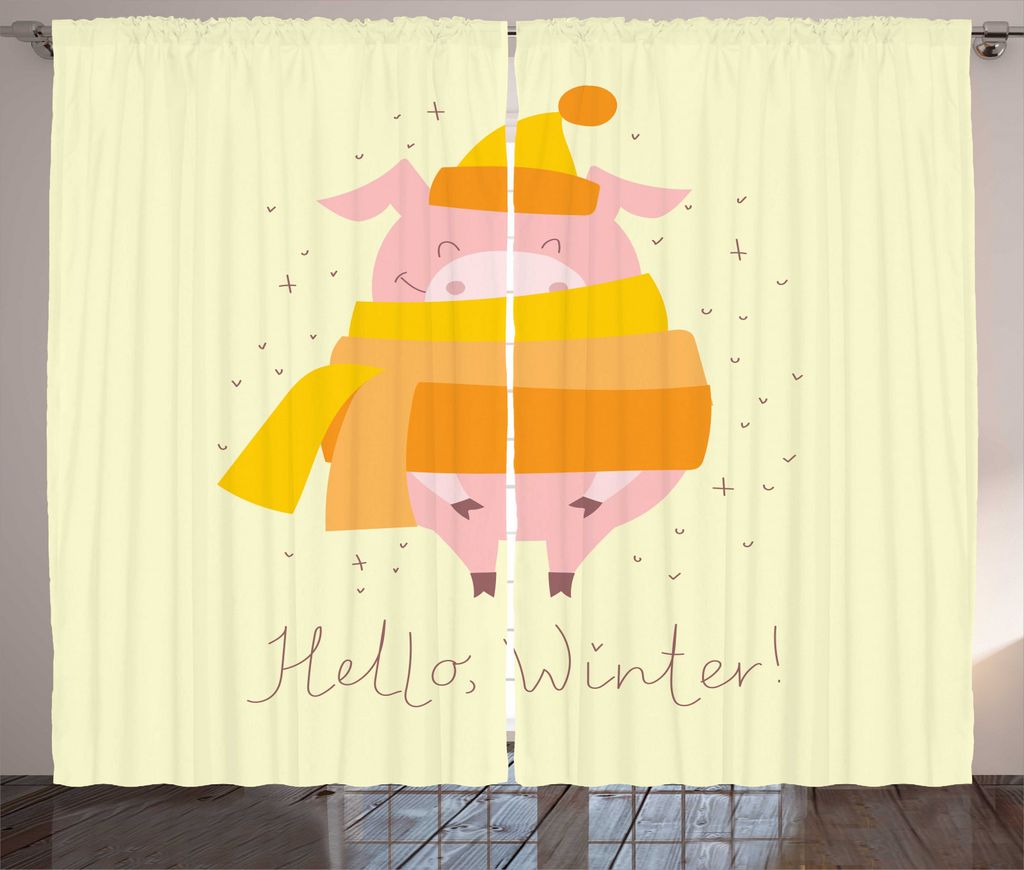 ABAKUHAUS Schwein Rustikaler Gardine, Hallo Winter-Typography Tier, Schlafzimmer Kräuselband Vorhang mit Schlaufen und Haken, 280 x 245 cm, Mehrfa...