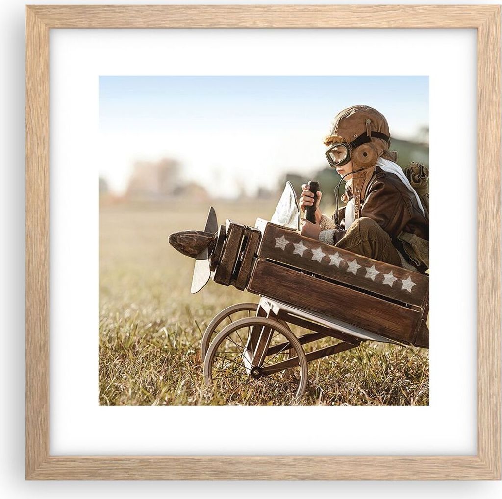 Gerahmtes Poster - Rahmen in heller Eiche - Kindheit Flugzeug Spielzeug - 30x30 cm - Wand Bild - Wanddeko - Wandbilder - Kunstposter - Wandposter -...
