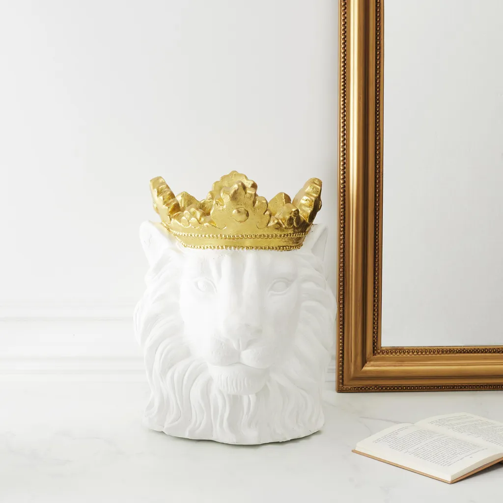 Cache-pot lion blanc couronne dorée D16cm - Vase design royal