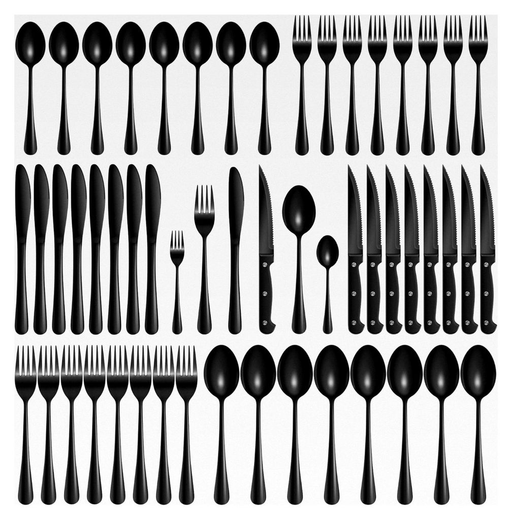 Schwarzes Besteckset für 8 Personen, 48-teiliges Set mit Steakmessern, glänzendes Essbesteck aus Edelstahl, spülmaschinenfest