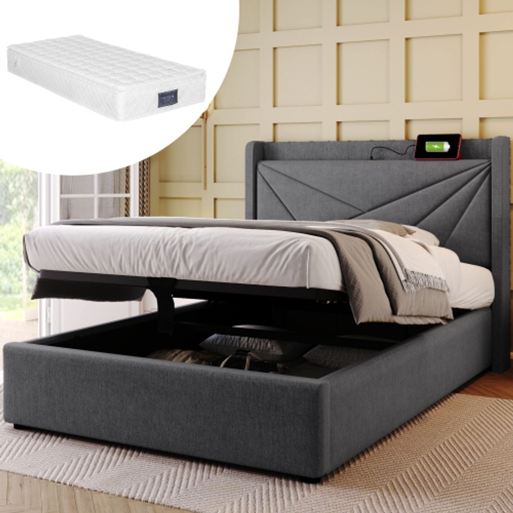 Sweiko Polsterbett Stauraumbett mit USB/TYP-C Ladeanschluss, geometrisches Kopfteil, Leinen, 90*200cm Grau (mit Matratze)