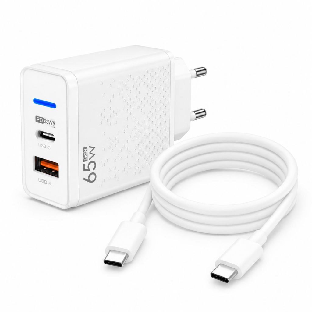 65W USB-C GaN Ladegerät mit 2m USB-C Ladekabel (20W) – Produktbild 
