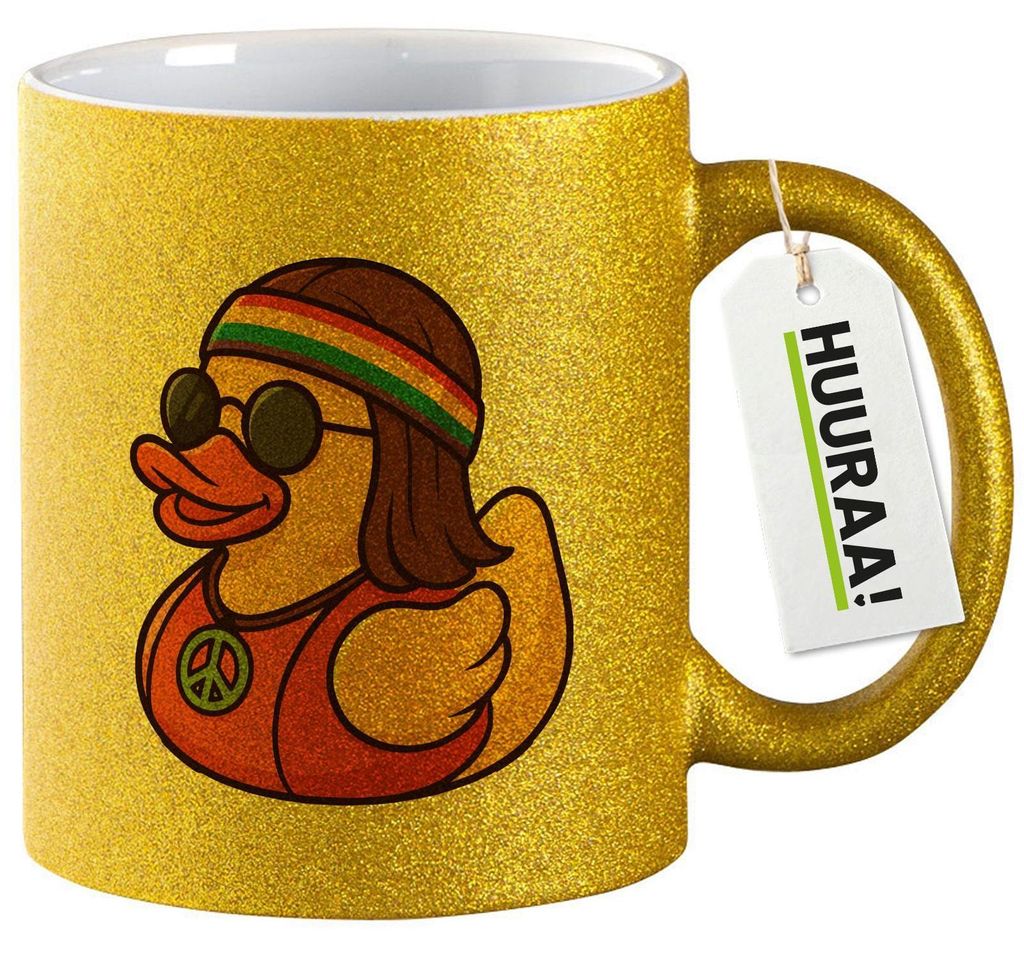 Huuraa Glitzertasse Quietscheente Hippie Gummiente Peace 330ml Gold Keramik Kaffeebecher Geschenkidee