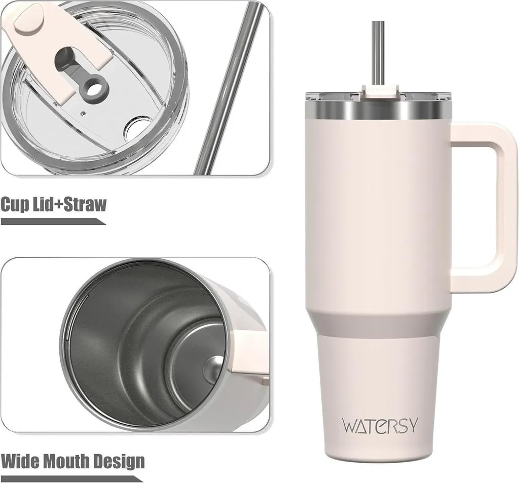 tazza Thermo Mug to Go da 30 oz in acciaio inox a doppia parete a prova di perdite con manico e cannuccia Beige chiaro - 2