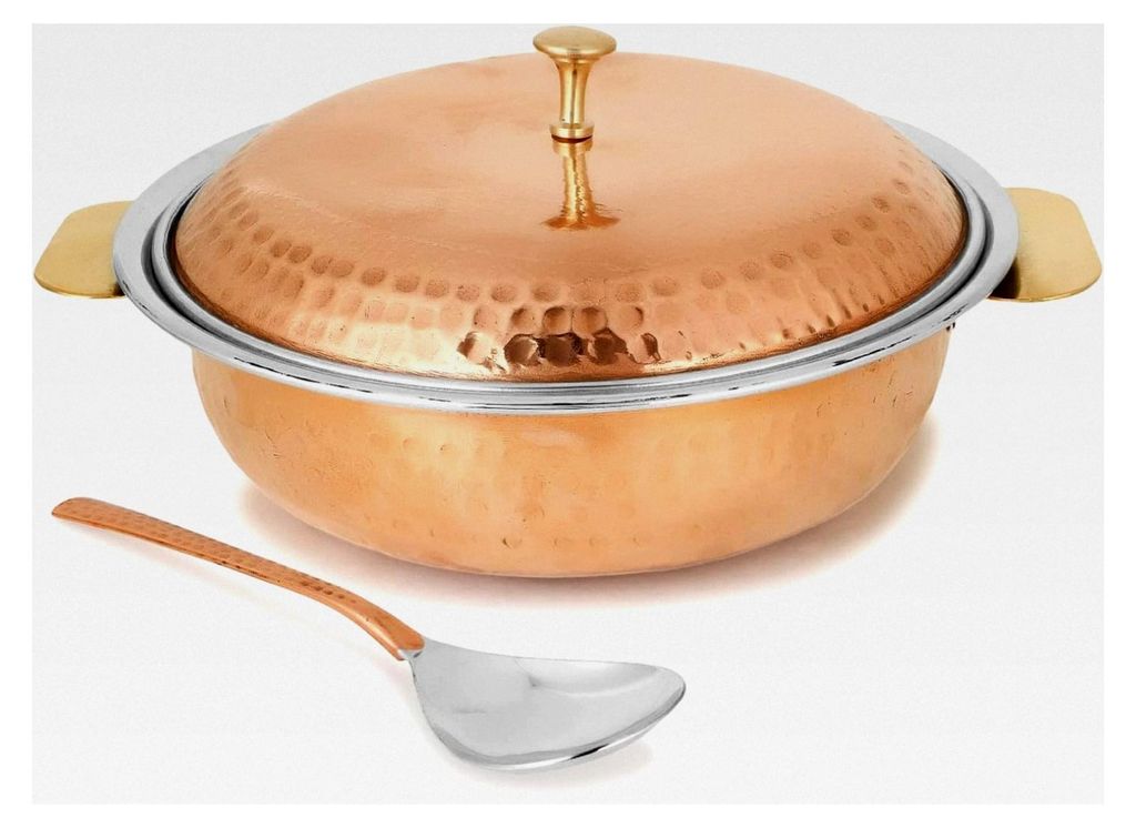 Traditionelle indische Servierschüssel Donga aus gehämmertem Kupfer mit Deckel und Löffel