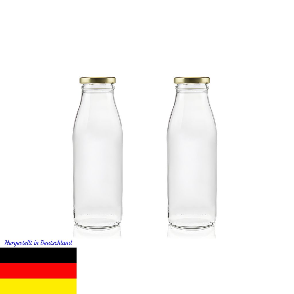Milchflasche Glas 500ml – 2er Set – Weithalsöffnung 48mm – Wiederverwendbar – Für Säfte, Milch, Kefir, Kombucha – Spülmaschinengeeignet