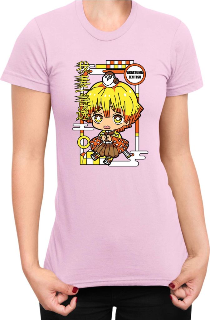 Damen T-Shirt Demon Anime Slayer Kimetsu No Yaiba Chibi Zenitsu Agatsuma, Lady 2XL / Hellrosa