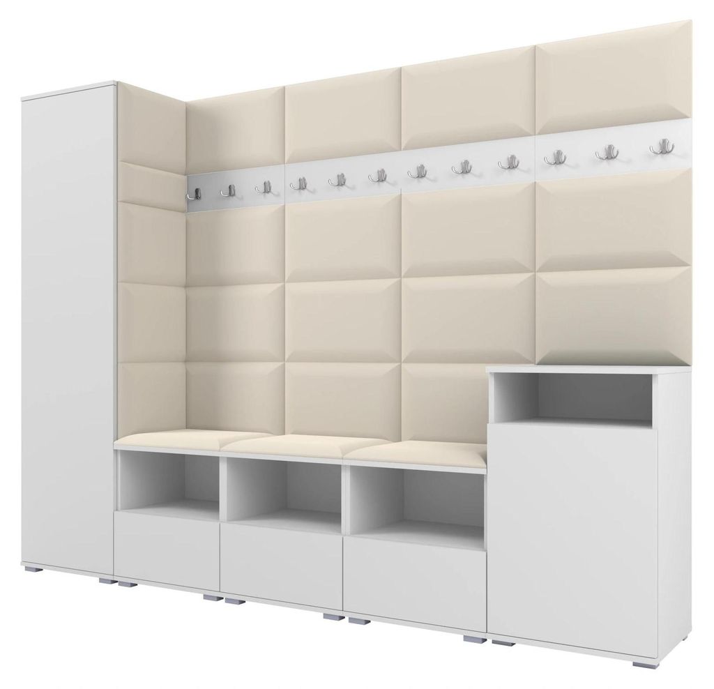 Garderobe NELA XI 250 cm Modulare Flurmöbel Weiß mit Sitzpolster Creme 01 (Großes Set)