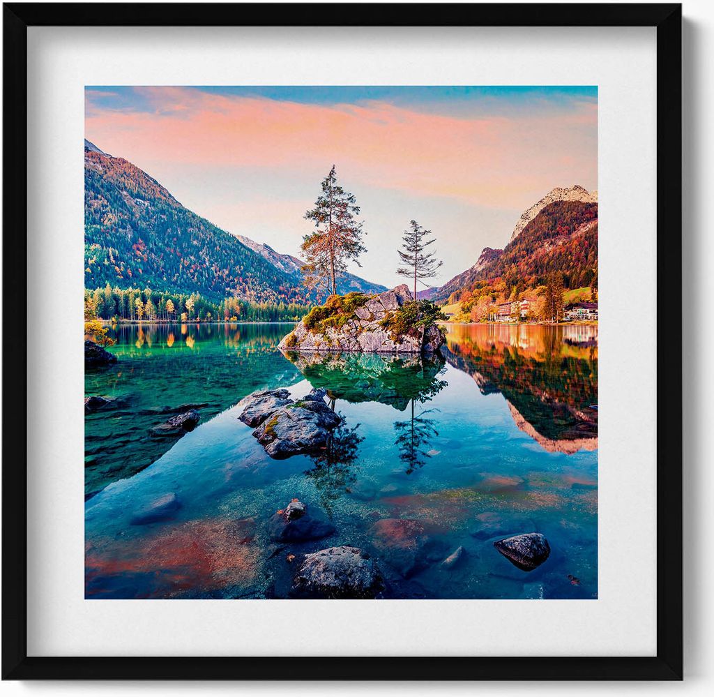 Schöne Bergsee-Landschaft– Wandbild mit Rahmen – Gerahmtes Bild – Wanddekoration – 50x50 cm – Schwarz Rahmen