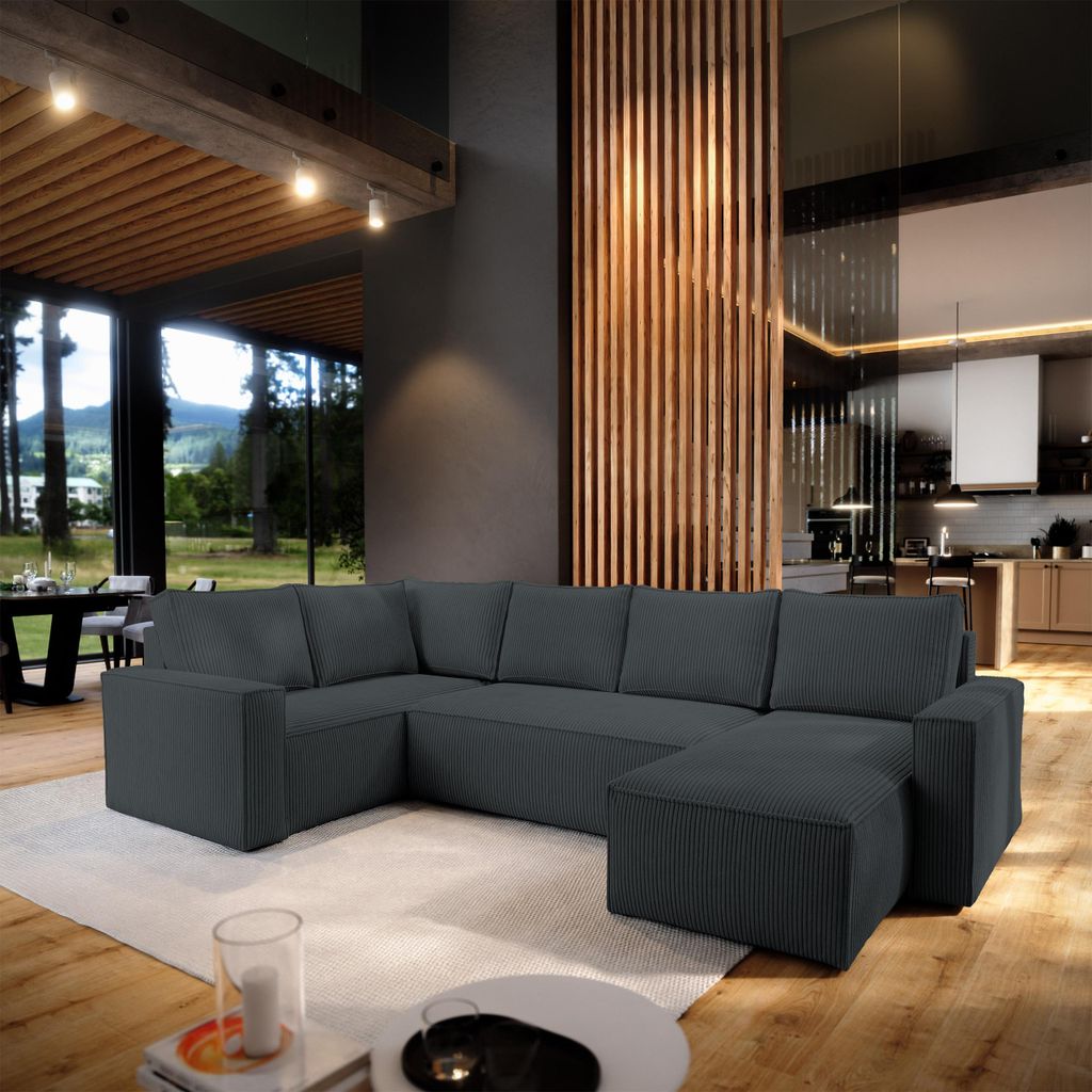 Masseno Ecksofa NORENA L-S mit Schlaffunktion U-Form, Sofa mit Bettkasten, Wohnzimmersofa, Couch, Soffa, Bettsofa, Couchgarnitur- Grau, POSO 34