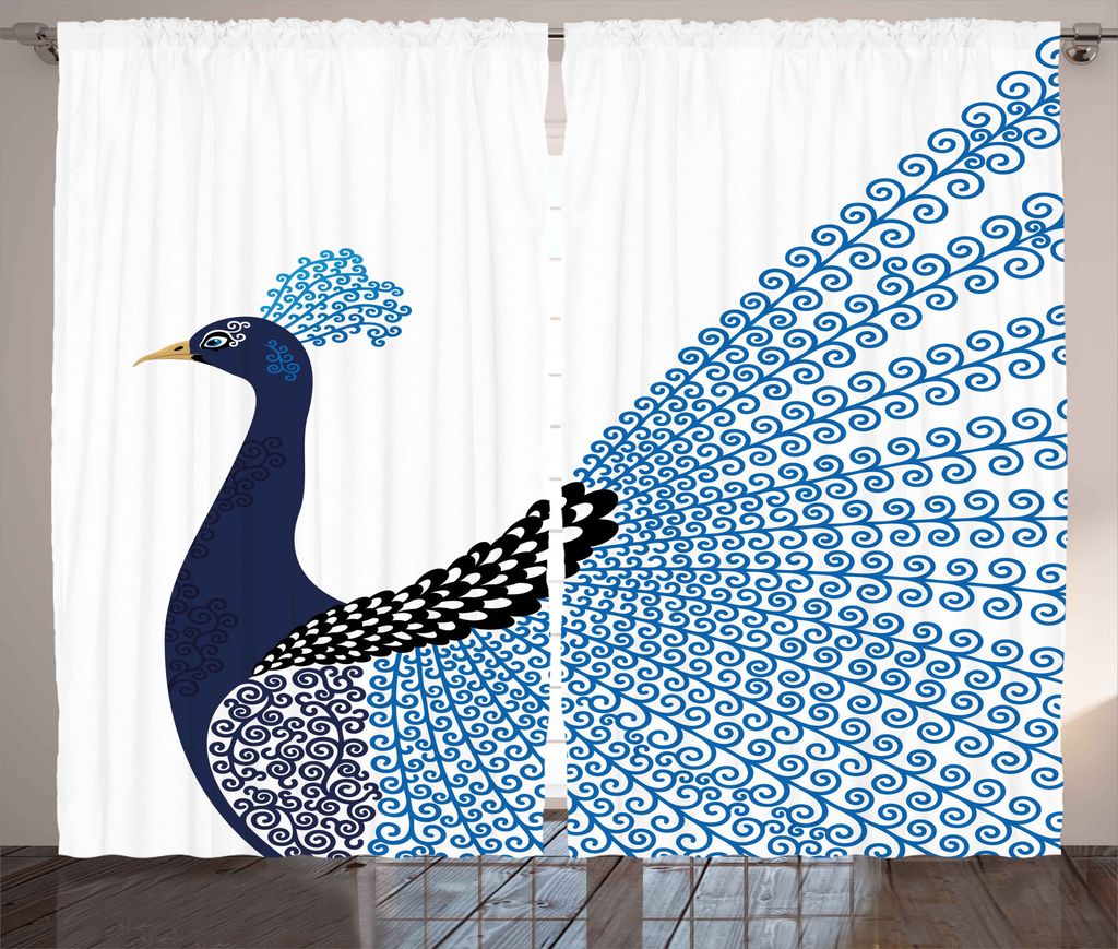 ABAKUHAUS Tier Rustikaler Gardine, Exotische Pfauenfeder, Schlafzimmer Kräuselband Vorhang mit Schlaufen und Haken, 280 x 175 cm, Dunkelblau Blau ...
