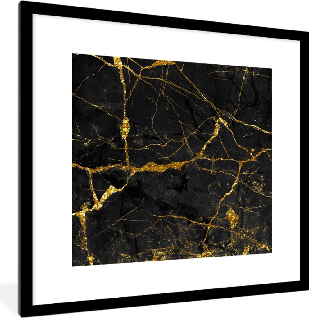 MuchoWow MuchoWow Gerahmtes Poster Marmor - Gold - Schwarz - Marmoroptik - Luxe - Glitzer 40x40 cm - Poster mit zchwarzem Bilderrahmen - Poster...
