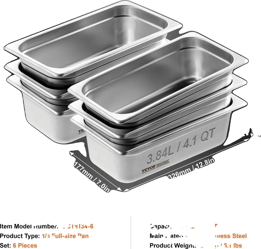 Conteneur Gastronorme GN 1/3 en Inox 201 de 4 Pouces - Pack de 6 Unités