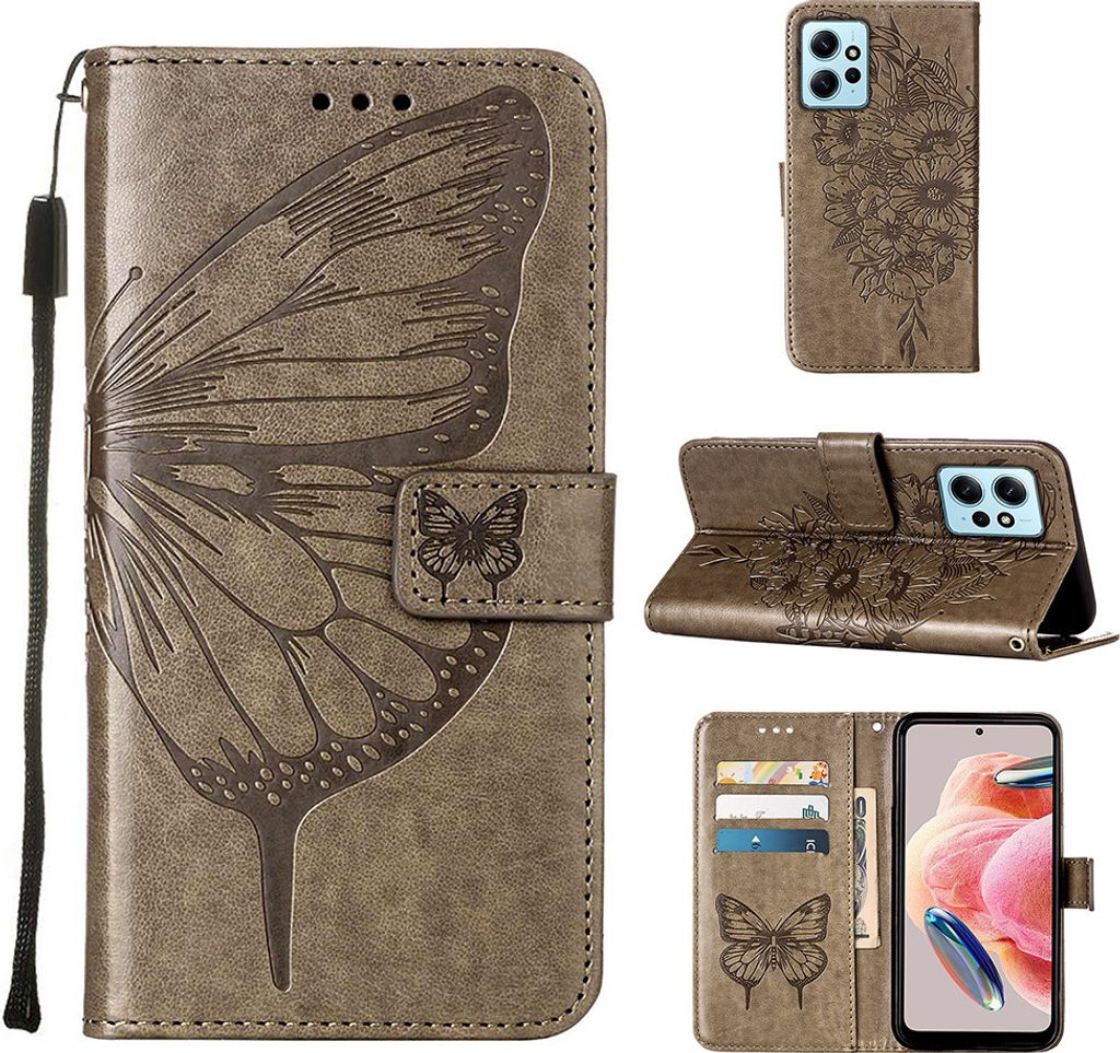 Lederhülle für Xiaomi Redmi Note 12 4G Schmetterling Prägung Flip Ledertasche Kartenfächer Handyhülle mit Ständer Grau