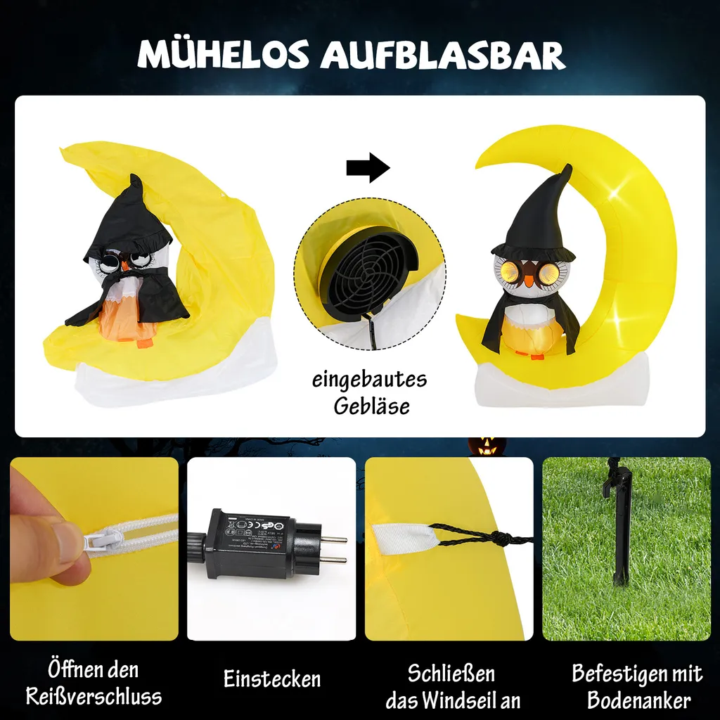 Hibou Halloween Gonflable 155cm Stable et Résistant avec LED Intégrées - 6