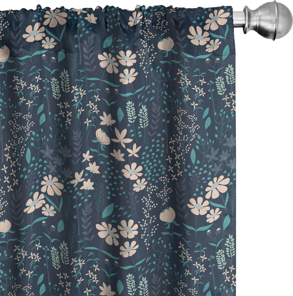 ABAKUHAUS Blumen Vorhänge, Gardinen, Botanische Konzept Illustration von Blumen und Kräutern, 2 Stück 75 x 225 cm, Petrol Blau Pfirsich