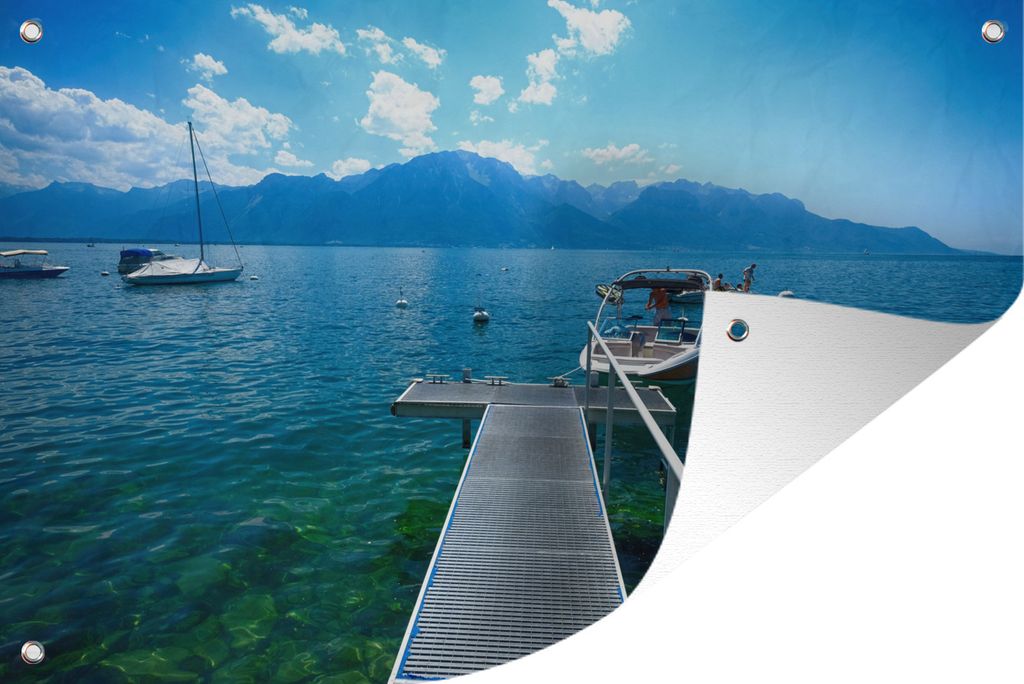 MuchoWow 60x40 cm Outdoor-Poster Gartendeko Sichtschutz Garten Poster für den Garten Pier am schönen Genfer See und die Schweizer Alpen rund u...