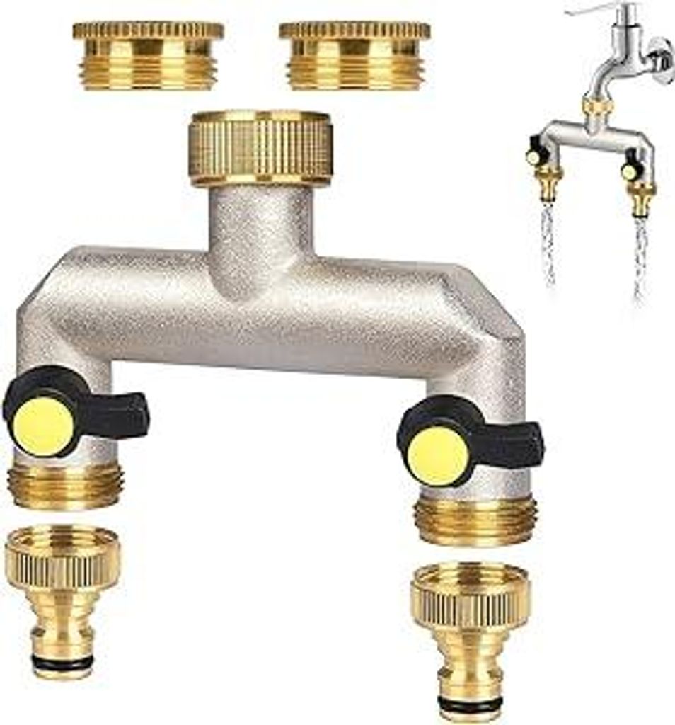ilauke 2-Wege Wasserhahn Wasserverteiler, Verteiler Wasser 3/4 Zoll Messing Wasseranschluss Verteiler mit 2 Stück 3/4 Zoll auf 1/2 Zoll Hahnanschl...