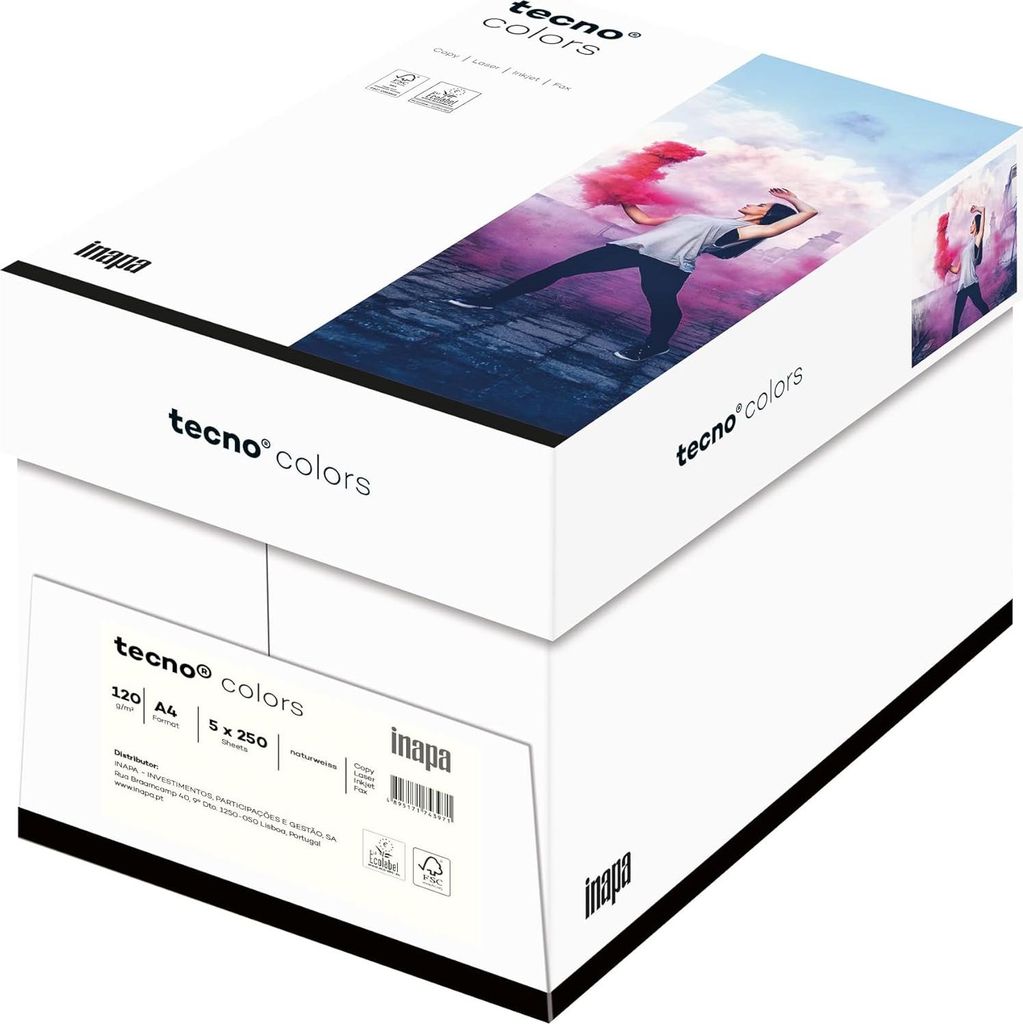 inapa farbiges Druckerpapier, buntes Papier tecno Colors: 120 g/m², A4, 1.250 Blatt (5x250), naturweiß