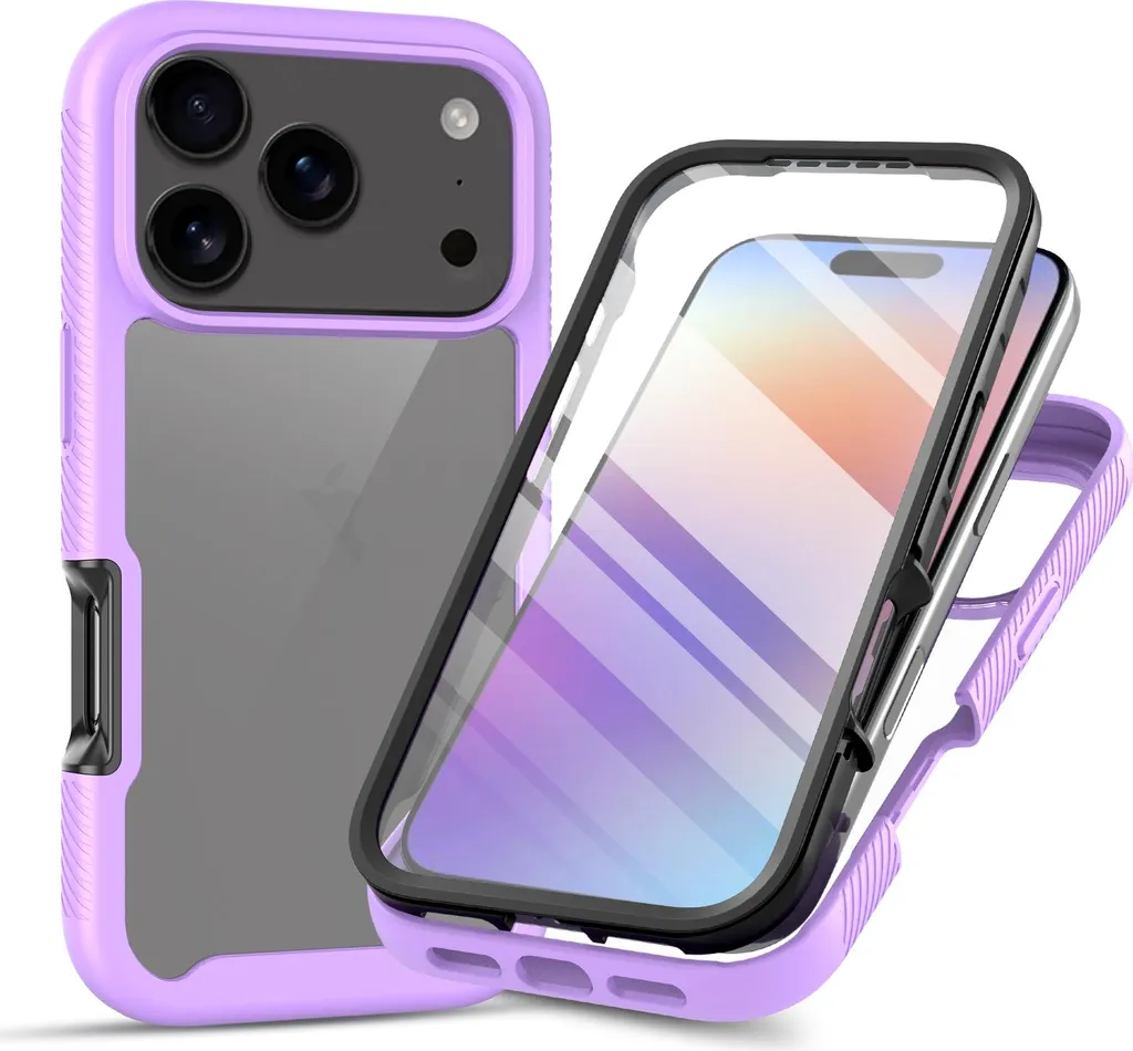 Custodia per iPhone 17 Pro, paraurti con protezione dello schermo incorporata Custodia protettiva a 360° per tutto il corpo Viola
