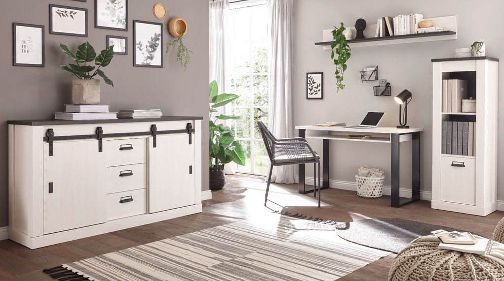 Büromöbel komplett Set "Stove" in weiß Pinie 4-tlg. mit Schreibtisch und Schrank