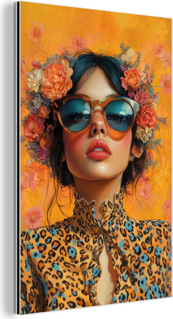 MuchoWow Wanddekoration Metall Metallbild Wandkunst 60x90 cm Frau - Blumen - Ästhetik - Orange MuchoWow Aluminium Gemälde - Wandbilder - Aluminium