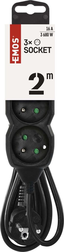 Prodlužovací kabel 2 m / 3 zásuvky / černý / PVC / 1 mm2