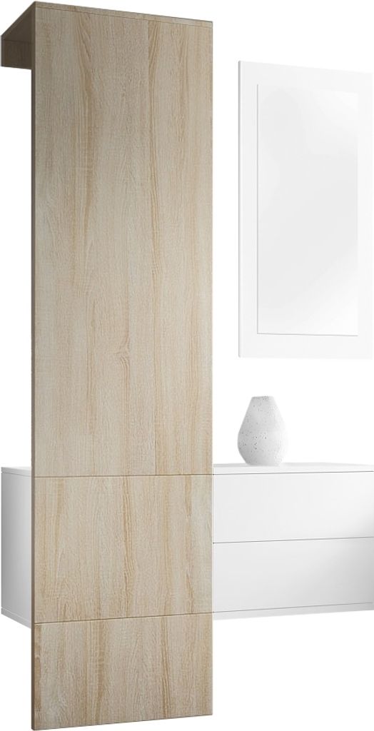 Vladon Garderobe Carlton Set 2, Germany, Garderobenset bestehend aus 1 Garderobenpaneel, 1 Schubkastenschrank und 1 Wandspiegel, Weiß matt/Eiche ...