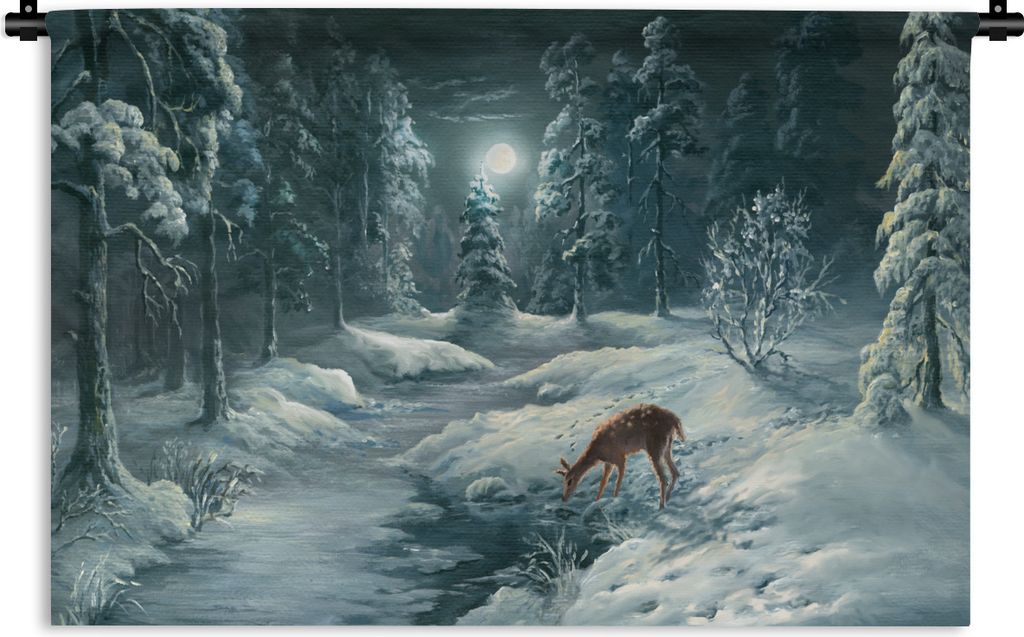 MuchoWow Wandteppich Wandbehang Hirsche - Wald - Schnee 60x40 cm Tapisserie Dekoration Wandtuch - Wanddekorationen