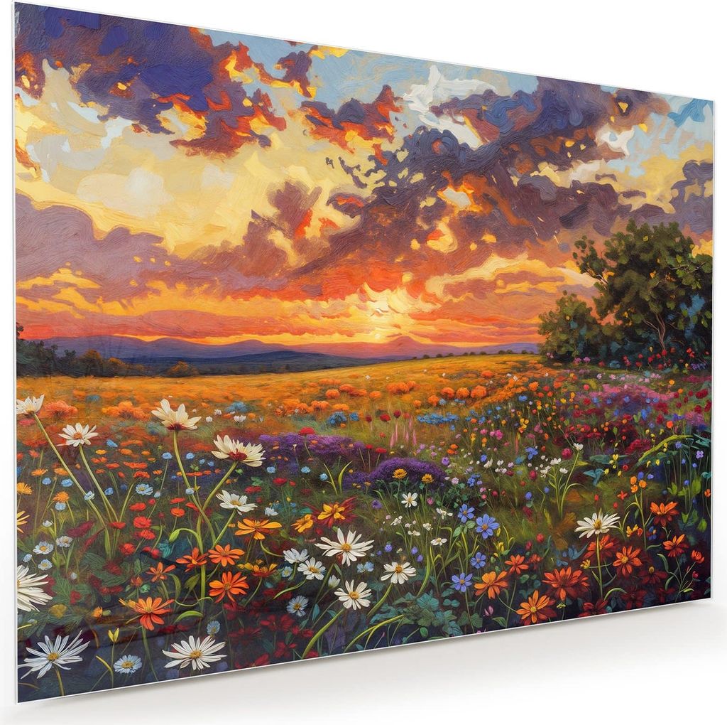 Glasbild 120x90cm in XXL für Wohnzimmer, Schlafzimmer Motiv Blumenwiese Sonnenuntergang