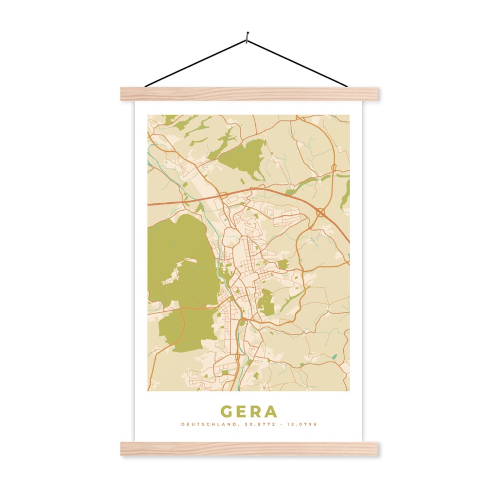 MuchoWow Textilposter Karte - Jahrgang - Gera - Stadtplan 120x180 cm mit holzfarbenen Rahmen - Textil-Plakat
