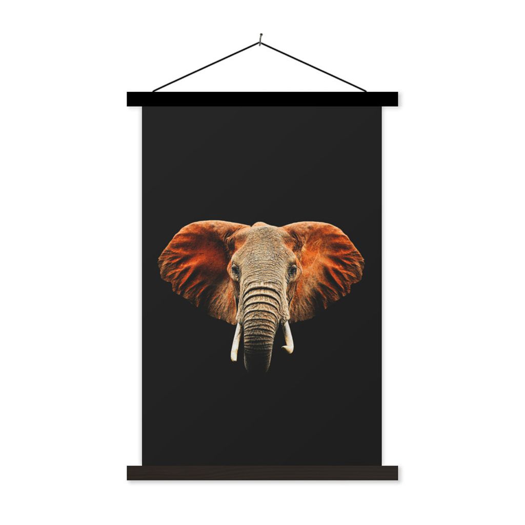 MuchoWow Textilposter Elefant - Schwarz - Kopf 60x90 cm mit schwarzem Rahmen - Poster Wohnzimmer
