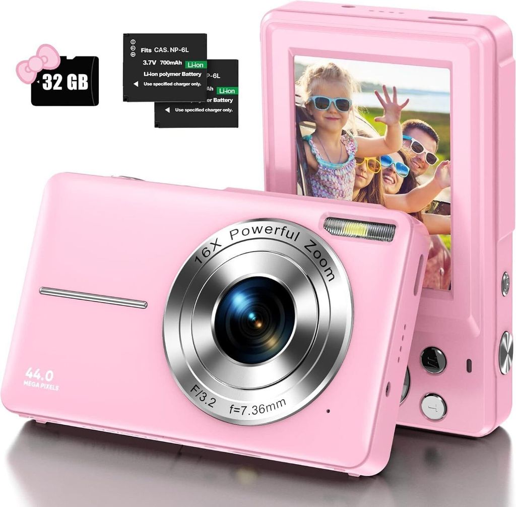 Digitalkamera mit 32G Micro SD Karte, 1080P Kinderkamera 44MP HD Kinderkamera inkl. 44MP HD mit 2,4“ LCD-Bildschirm 16X Digitalzoom und 2 Batteri...