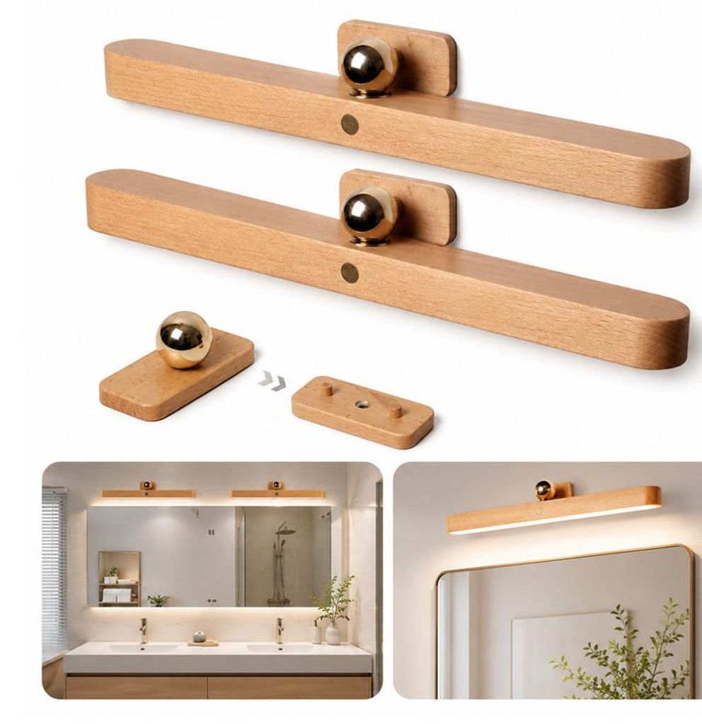 Moderne LED Wandleuchte Holzoptik 2er Set, kabellos, 4000K Lichtfarbe, Touch Dimmer 3 Stufen, magnetische Montage, USB Akku, ideal Bad Schlafzimmer