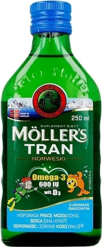 A bottle of Moller's Tran Norwegian Cod Liver Oil.