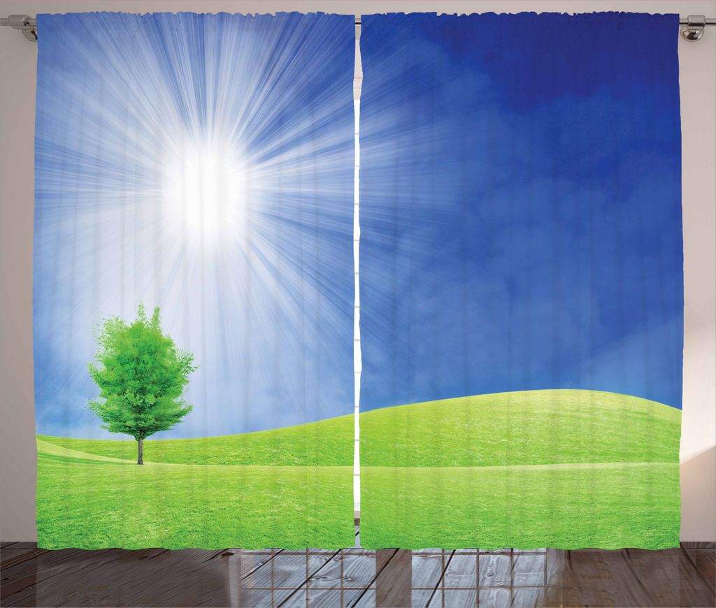ABAKUHAUS Gras Rustikaler Gardine, Sonnenstrahlen mit Einsamer Baum, Schlafzimmer Kräuselband Vorhang mit Schlaufen und Haken, 280 x 225 cm, Blau,...