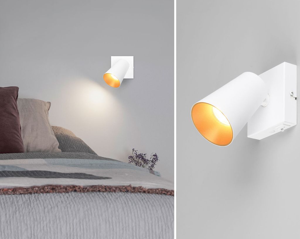 Kleiner LED Wandstrahler Weiß Gold mit Schalter und Spot schwenkbar, Breite 10cm