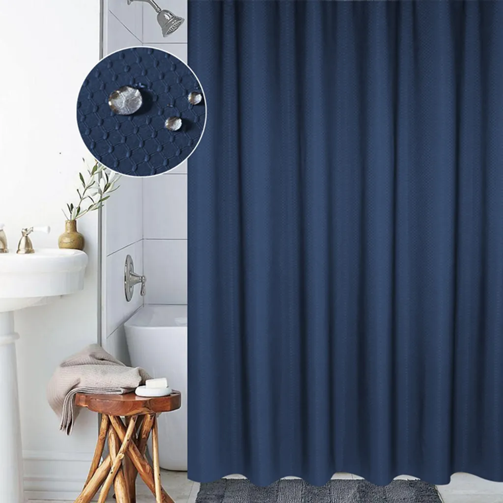 Rideau de bain textile épais bleu avec anneaux, aspect gaufré 180x180cm